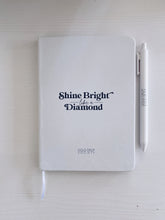 Load image into Gallery viewer, Shine Bright Like a Diamond White Lined Notebook + Gold Drop Society Soft Touch Pen Set
