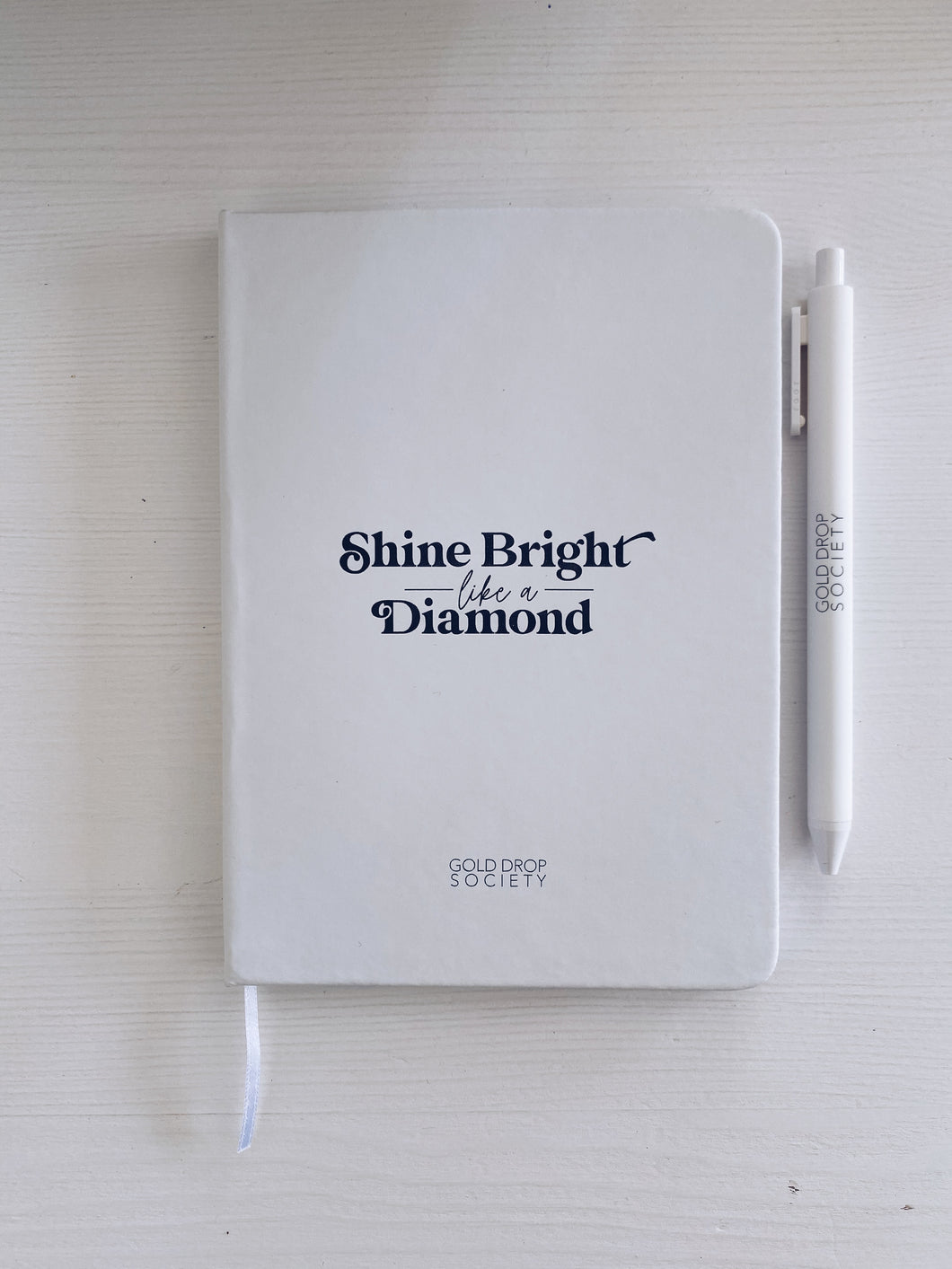 Shine Bright Like a Diamond White Lined Notebook + Gold Drop Society Soft Touch Pen Set